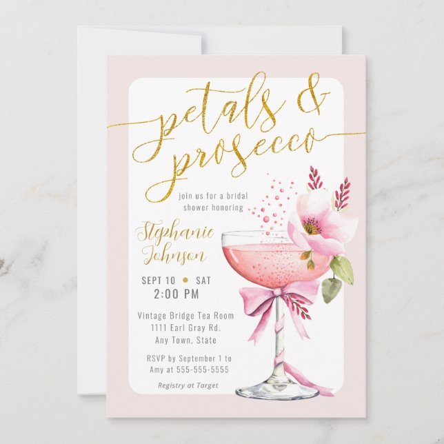 Petals und Prosecco Blush Rosa Blume Dusche Einladung (Vorderseite)