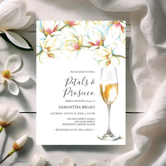 Petals und Prosecco Brautparty (Bridal shower invitations watercolor white magnolia flowers by Victoria Grigaliunas Do Tell A Belle)
