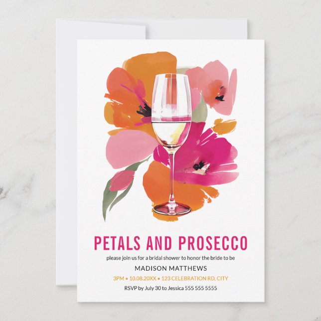 Petals und Prosecco Brautparty Black Einladung (Vorderseite)