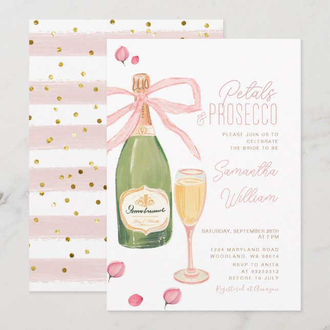 Petals und Prosecco Brautparty Brunch Einladung (Vorne/Hinten)