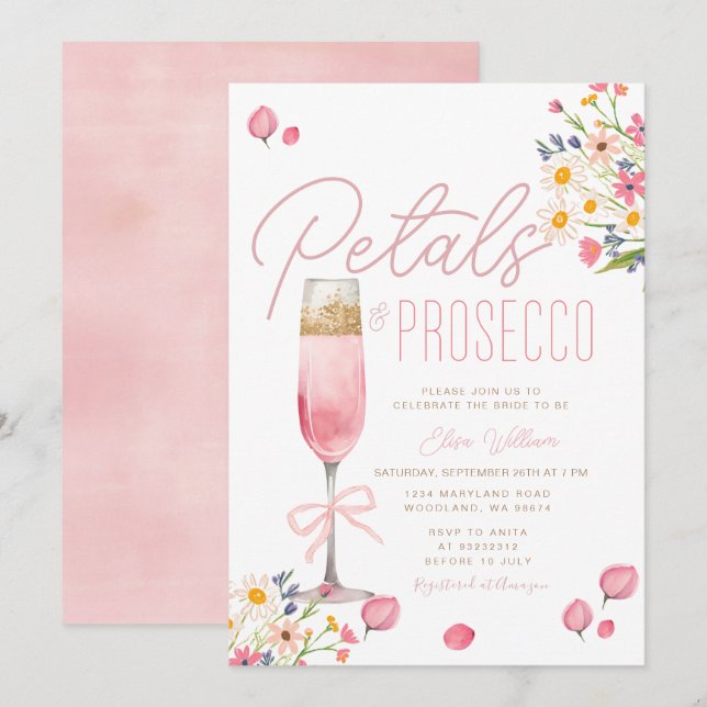 Petals und Prosecco Brunch Brautparty Einladung (Vorne/Hinten)