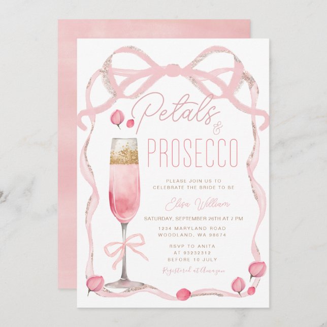 Petals und Prosecco Pink Bow Brautparty Einladung (Vorne/Hinten)