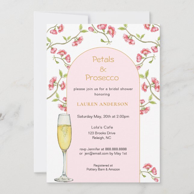 Petals und Prosecco Pink & Gold Brautparty Einladung (Vorderseite)