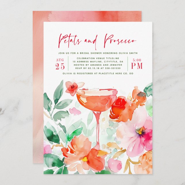 Petals und Prosecco Rosa Brautparty Einladung (Vorne/Hinten)