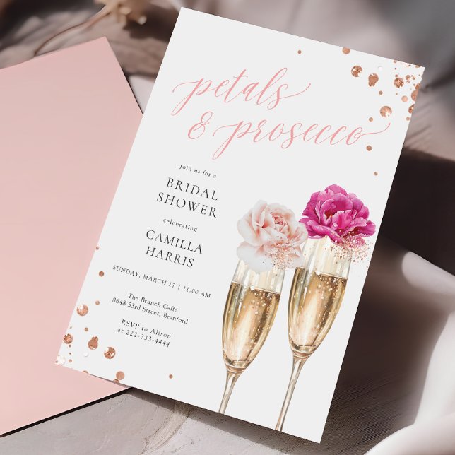 Petals und Prosecco Script Blush Brautparty Einladung (Von Creator hochgeladen)