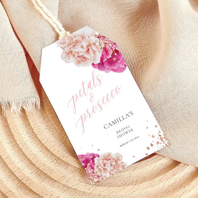 Petals und Prosecco Script Funkelnd rosa Blütenblä Geschenkanhänger (Von Creator hochgeladen)