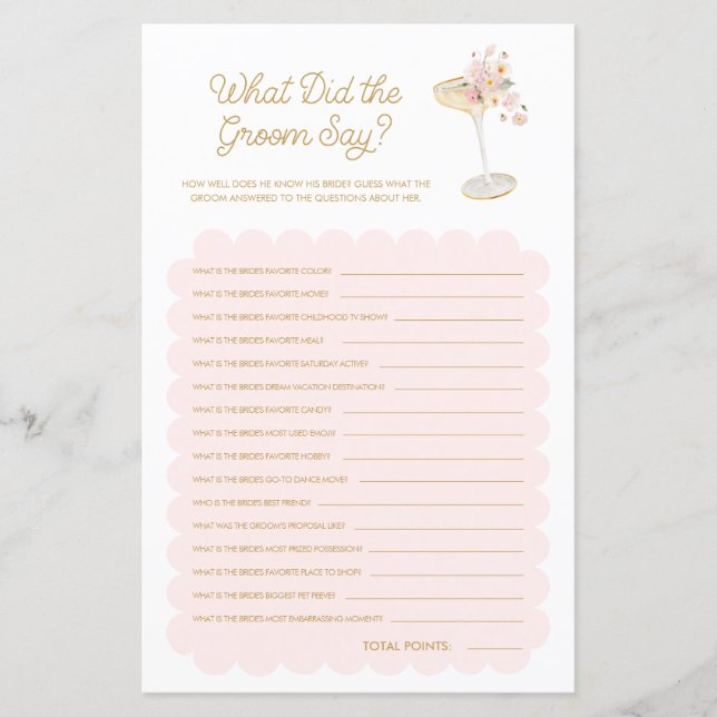 Petals und Prosecco Was hat das Groom Bridal Spiel (Vorderseite)