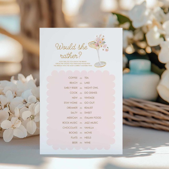 Petals und Prosecco würden sie eher Duschspiel (Would she rather Bridal shower game)