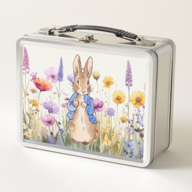 Peter der Hase mit Wildblumen Metall Brotdose (Vorderseite)