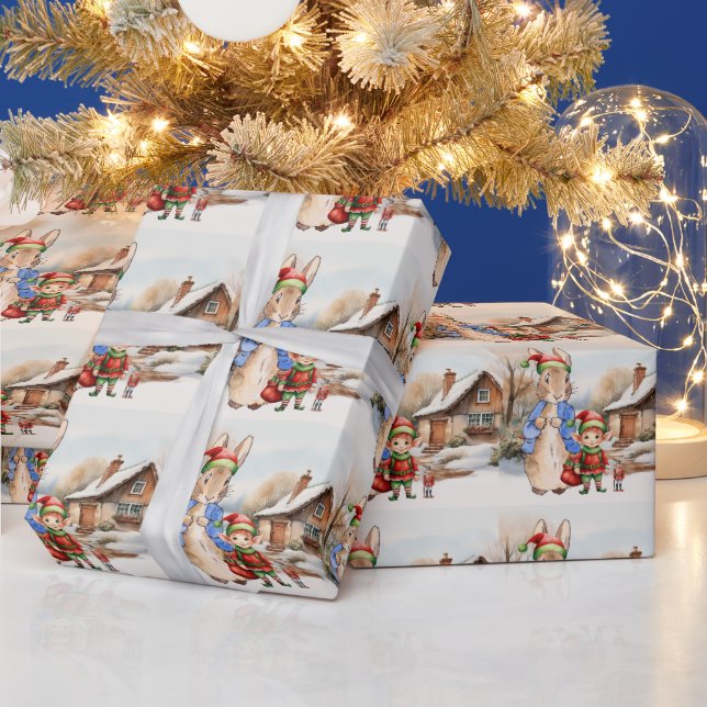 Peter der Kaninchen mit Elf und Schneelandschaft Geschenkpapier (Feiertage)