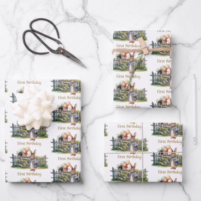 Peter der Kaninchenballons zum ersten Geburtstag Geschenkpapier Set (Vorderseite)