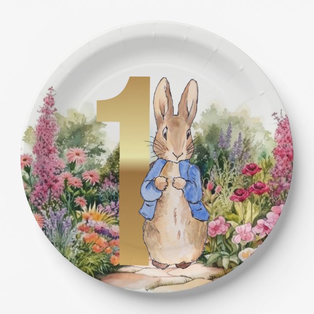 Peter der Kaninchenblütengarten Erster Geburtstag Pappteller (Vorderseite)