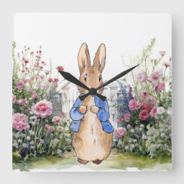 Peter der Rabbit in seinem Garten Nr. 2 Quadratische Wanduhr