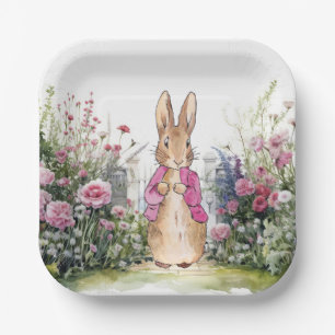 Peter der Rabbit Pink Jacket in seinem Garten Pappteller