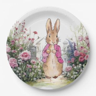 Peter der Rabbit Pink Jacket in seinem Garten Pappteller
