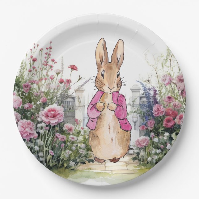 Peter der Rabbit Pink Jacket in seinem Garten Pappteller (Vorderseite)