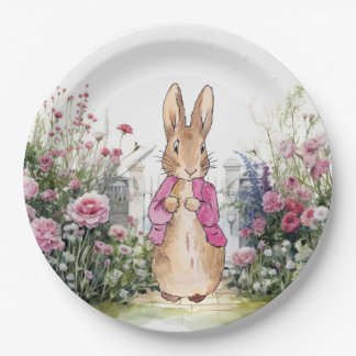 Peter der Rabbit Pink Jacket in seinem Garten Pappteller