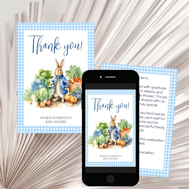 Peter Kanbit Baby Baby Dusche Danke Karte (Peter rabbit boy baby baby shower thank you card blue gingham cute bunny in veggie garden thank you)