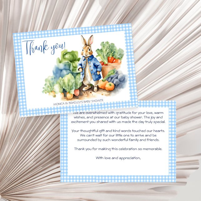 Peter Kaninchen Babydusche Dankeskarte (Peter rabbit baby boy baby shower thank you card blue gingham veggie garden cute bunny thank you)
