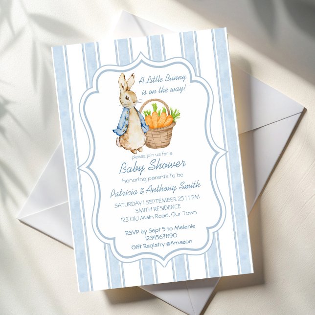 Peter Kaninchen Babydusche Einladung (Peter rabbit dusty blue stripes vintage baby boy baby shower invitation cards template digital)