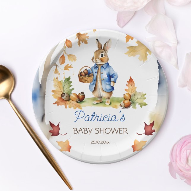 Peter Kaninchen Herbst Baby Duschgeschirr Pappteller (Peter Rabbit baby shower tableware personalized party plates fall themed bunny with acorn basket)