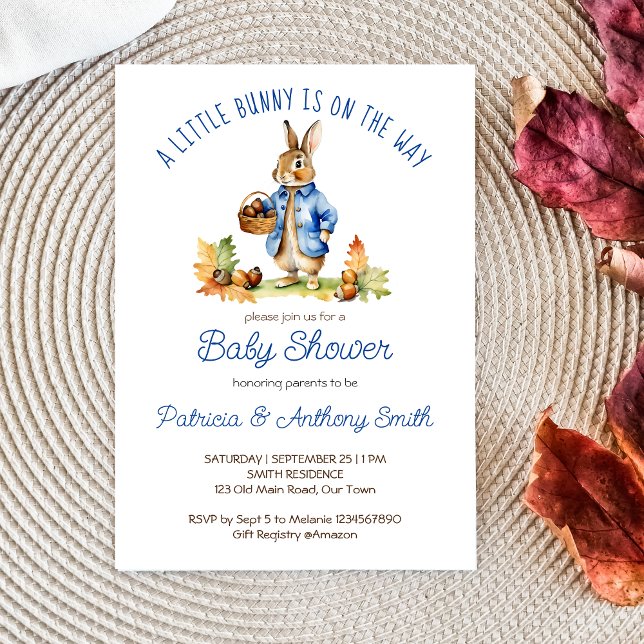 Peter Kaninchen mit Eicheln fallen Babydusche Einladung (Peter rabbit fall themed baby shower template invitation digital download a cute bunny blue jacket)