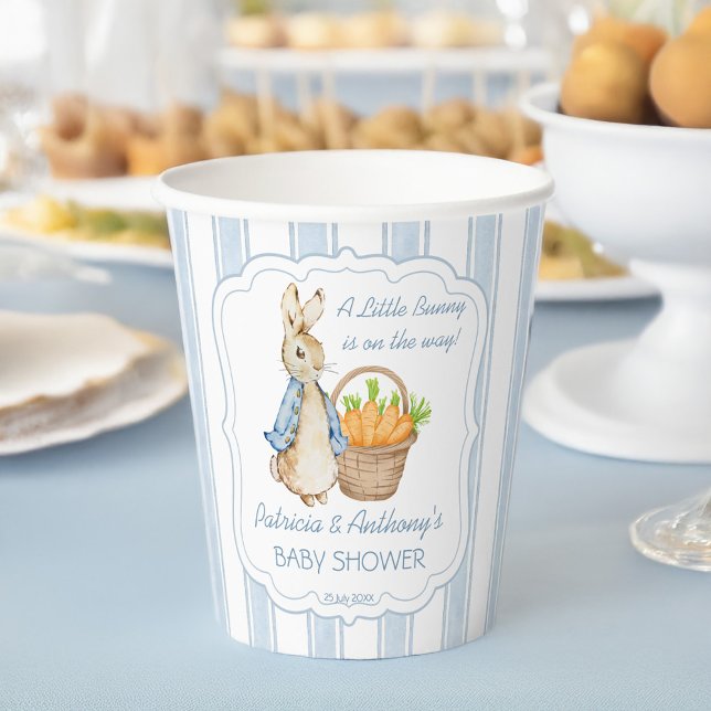 Peter Kaninchen staubige blaue Streifen Babydusche Pappbecher (Peter rabbit dusty blue stripes baby shower monogrammed  paper cups personalized table decor)