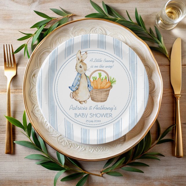 Peter Kaninchen staubige blaue Streifen Babydusche Pappteller (Peter rabbit vintage dusty blue stripes baby shower monogrammed paper plates personalized decor)