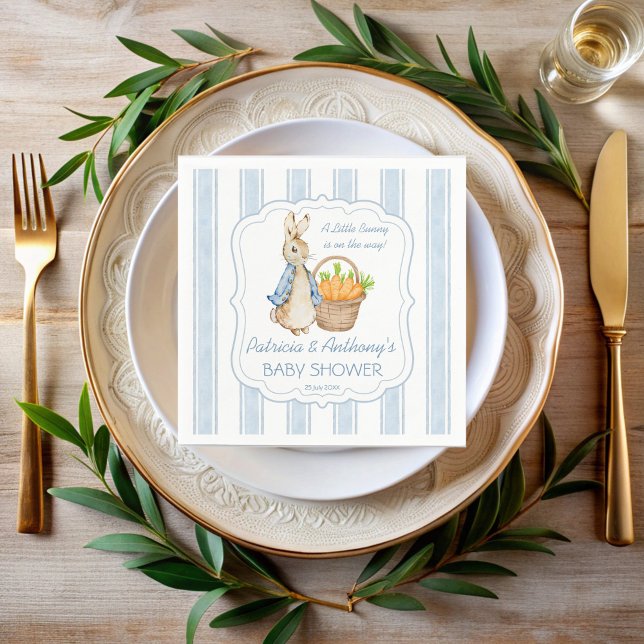 Peter Kaninchen staubige blaue Streifen Babydusche Serviette (Peter rabbit dusty blue stripes baby shower monogrammed  napkins personalized table decor)
