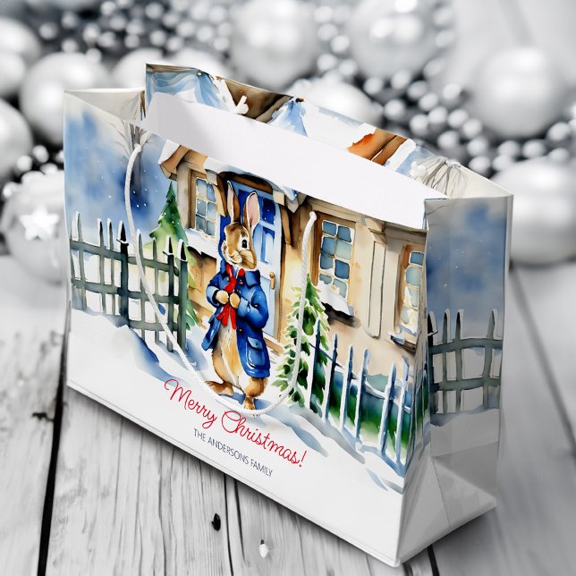 Peter Kaninchen Weihnachtsvorlage Große Geschenktüte (Peter rabbit winter Christmas template personalized Large Gift Bag rabbit snowy winter cottage)