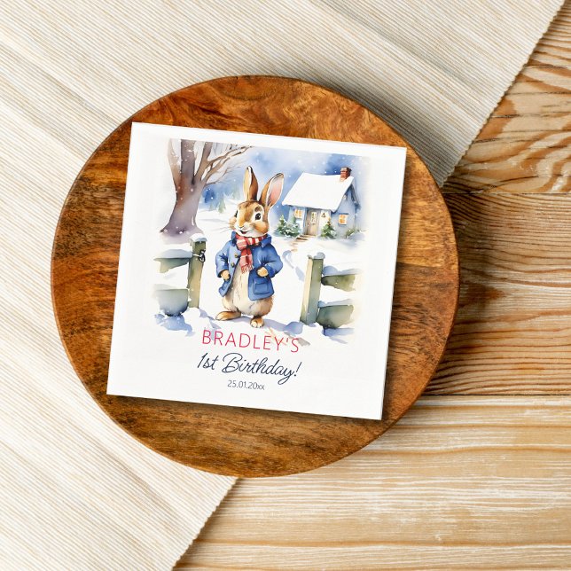Peter Kaninchen Winter Geburtstagsgeschirr Serviette (Peter Rabbit winter themed birthday party tableware personalized napkins watercolor cute bunny snowy)
