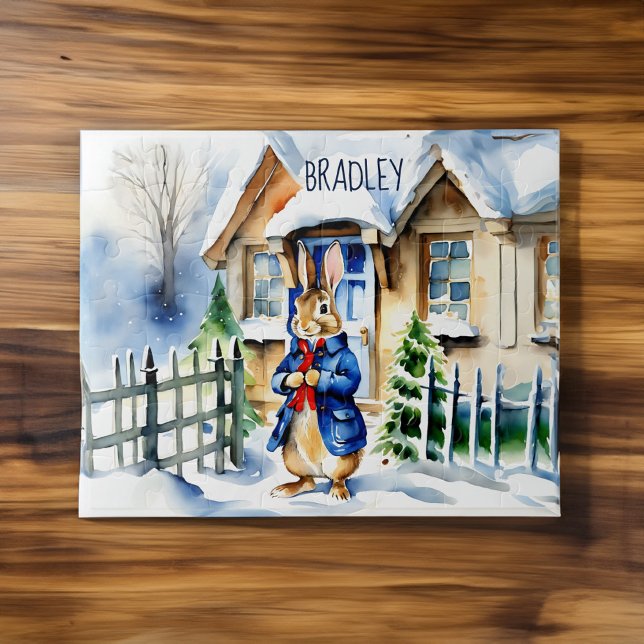 Peter Kaninchen Winter Weihnachtsgeschenke individ Puzzle (Peter rabbit winter cottage scenery Christmas gifts for kids personalized name Jigsaw Puzzle)