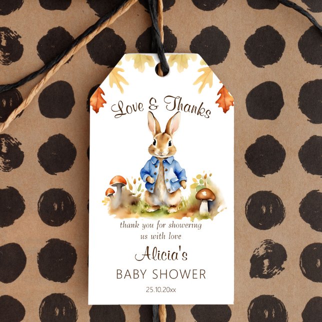 Peter Kaninchen zum Thema Babydusche Gefallen Geschenkanhänger (Peter Rabbit fall themed baby shower favor gift tags, mushrooms fall leaves rabbit with blue jacket)