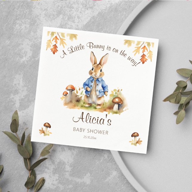 Peter Kaninchen zum Thema Babydusche Serviette (Peter rabbit fall themed baby shower tableware personalized napkins cute bunny blue jacket mushrooms)