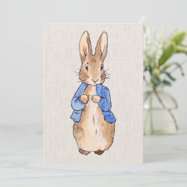 Peter mit Beige Linen Hintergrund Einladung (Stehend Vorderseite)