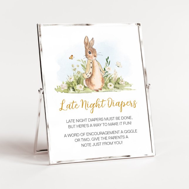 Peter Rabbit Baby Duwer Spate Night Diapers Poster (Rabbit Gender Neutral Baby Shower Late Night Diapers Sign)