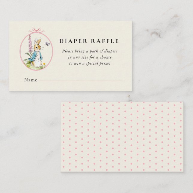 Peter Rabbit Baby girl Dusche Diaper Raffle Begleitkarte (Vorne/Hinten)