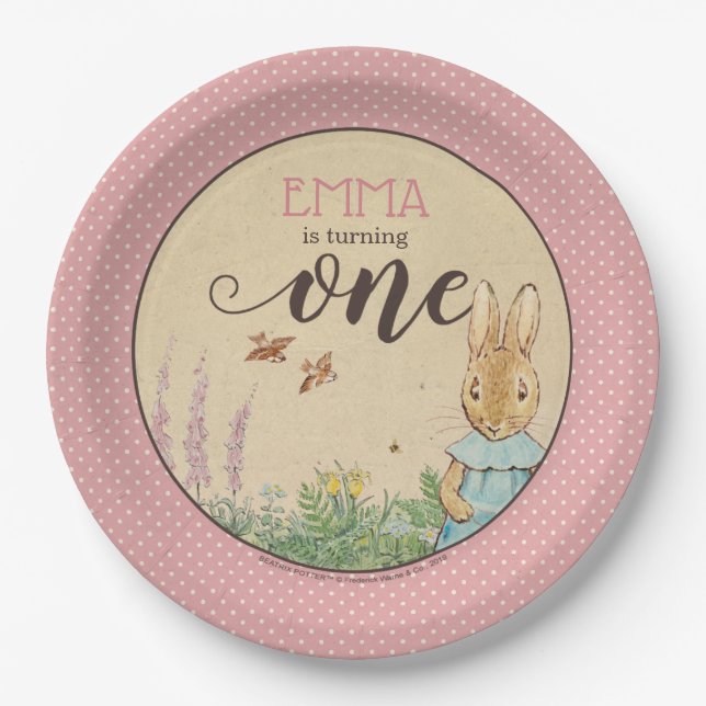 Peter Rabbit | Baby Girl's First Birthday Pappteller (Vorderseite)