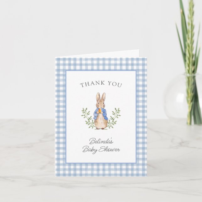 Peter Rabbit Blue Gingham Baby Shower Dankeskarte (Vorderseite)