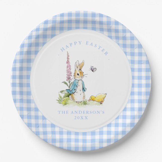 Peter Rabbit Blue Gingham Grenzer Ostern Pappteller (Vorderseite)