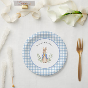 Peter Rabbit Blue White Gingham Baby Shower Pappteller