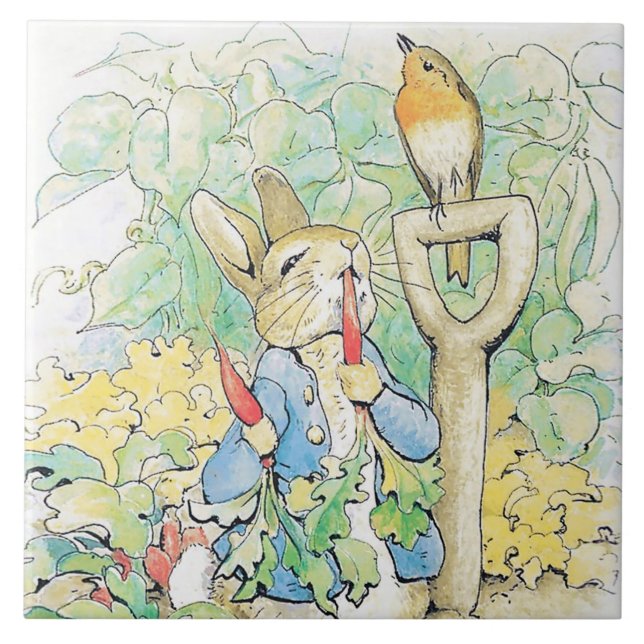 "Peter Rabbit Eats a Carrot" von Beatrix Potter Fliese (Vorderseite)