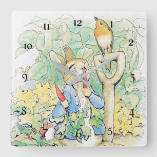 "Peter Rabbit Eats a Carrot" von Beatrix Potter Quadratische Wanduhr