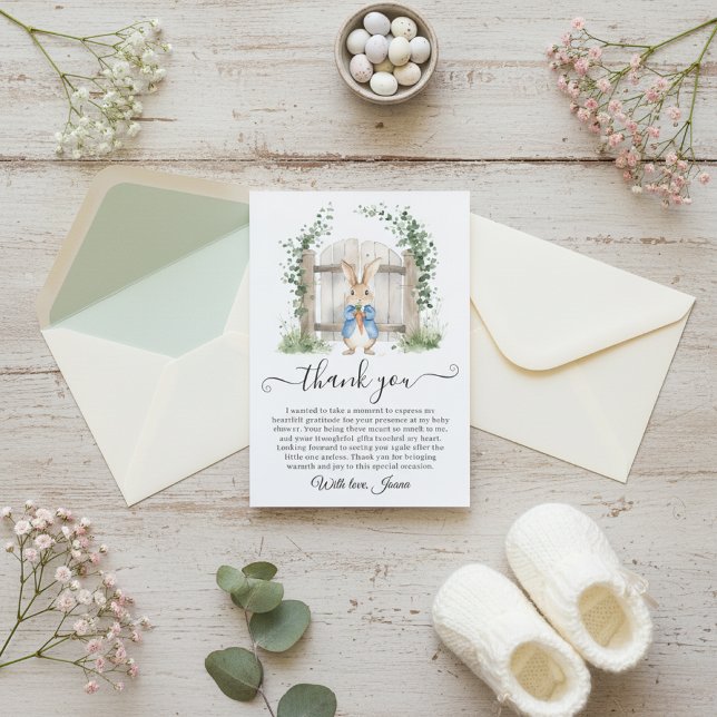 Peter Rabbit Garden Gate Greenery Baby Shower  Dankeskarte (Von Creator hochgeladen)