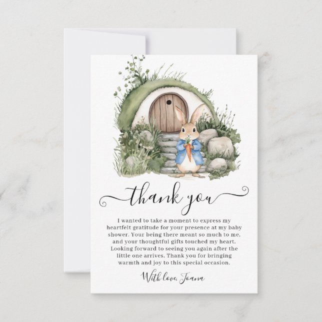 Peter Rabbit Green Burrow Holzes Gate Baby Dusche Dankeskarte (Vorderseite)