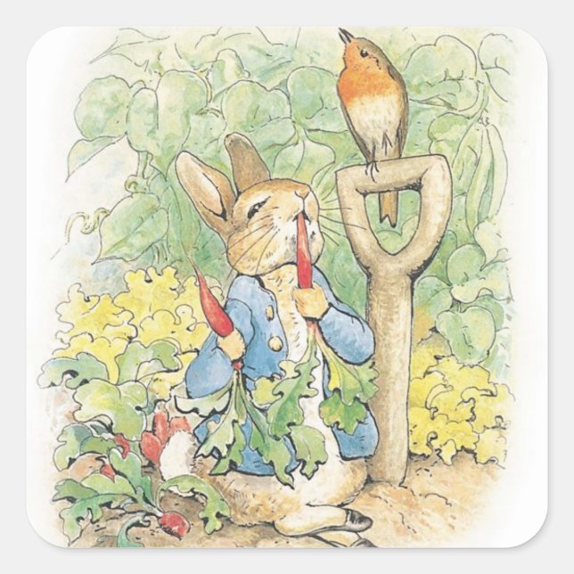 Peter Rabbit im Garten - Beatrix Potter Quadratischer Aufkleber (Vorderseite)