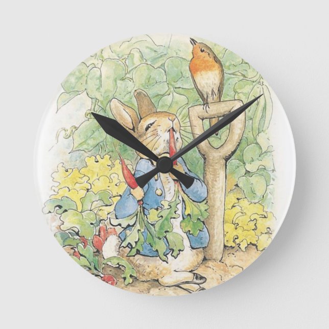 Peter Rabbit im Garten - Beatrix Potter Runde Wanduhr (Vorderseite)