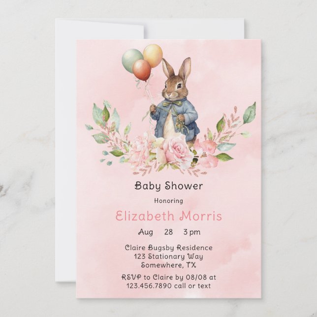 Peter Rabbit Laurel Wreath Girl Baby Shower Einladung (Vorderseite)