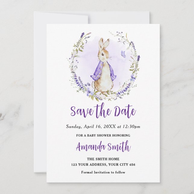Peter Rabbit Lila Baby Shower Save The Date (Vorderseite)