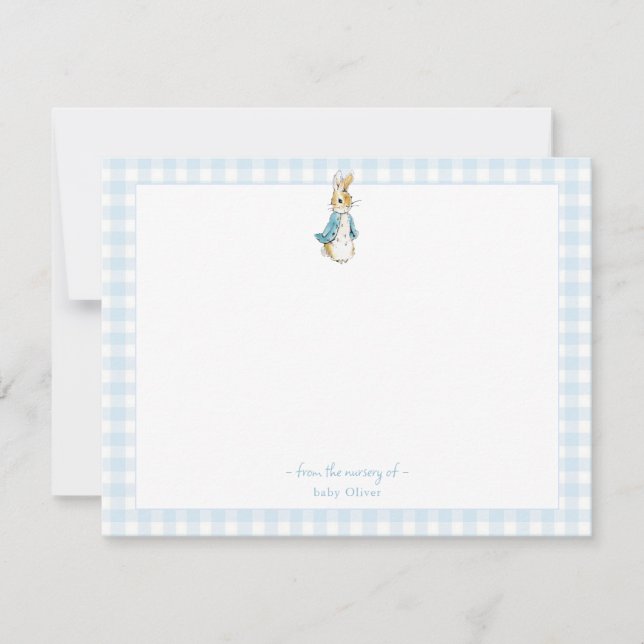 Peter Rabbit mit dem blauen Gingham Border Baby Ju Dankeskarte (Vorderseite)